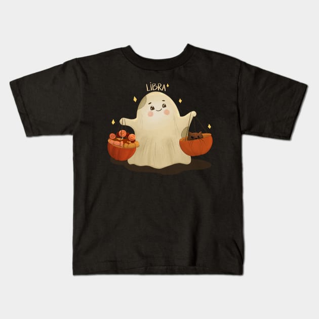 Libra Boo Ghost Playing With Cat Kids T-Shirt by i am Cuta